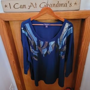 Roaman's Nearly Navy 3X 60%/40% CottonPoly Blend Long Scoop Neck Bead and Sequin